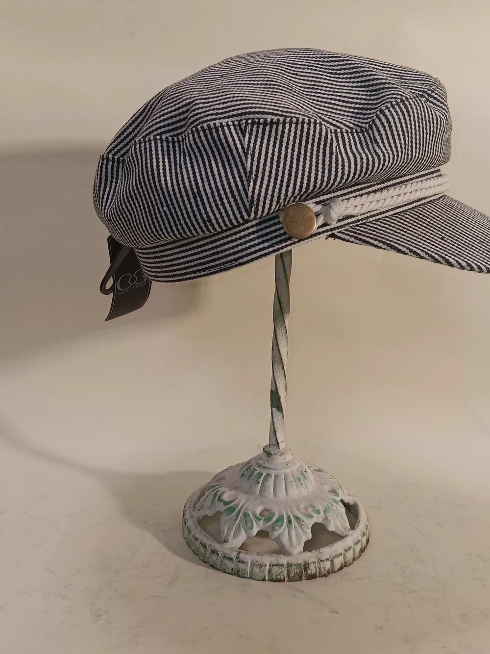Striped Black and White Baker Boy Cap with Braided Trim